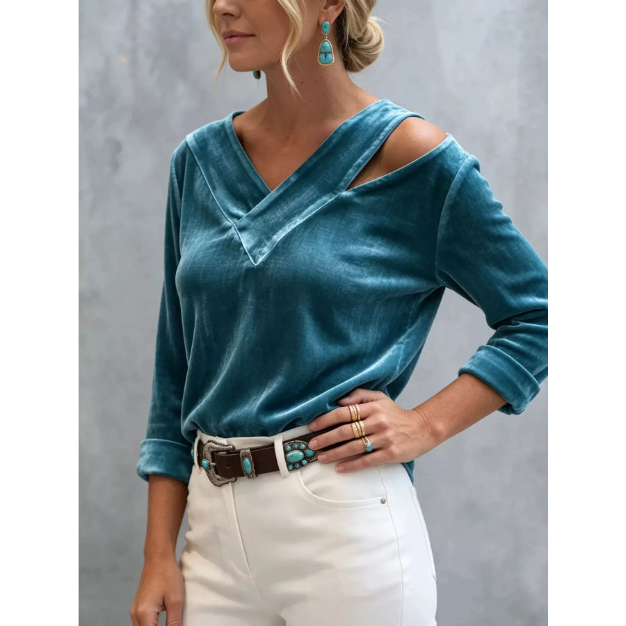 Full Size Velvet Cold-Shoulder V-Neck Blouse Plus Apparel and Accessories