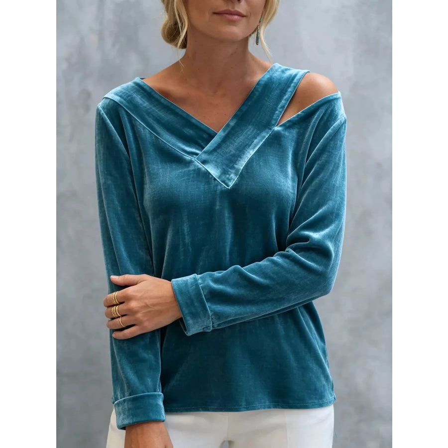Full Size Velvet Cold-Shoulder V-Neck Blouse Plus Apparel and Accessories