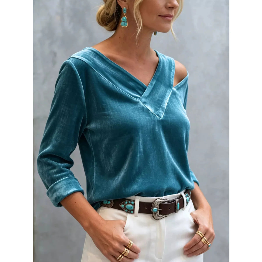 Full Size Velvet Cold-Shoulder V-Neck Blouse Plus Apparel and Accessories
