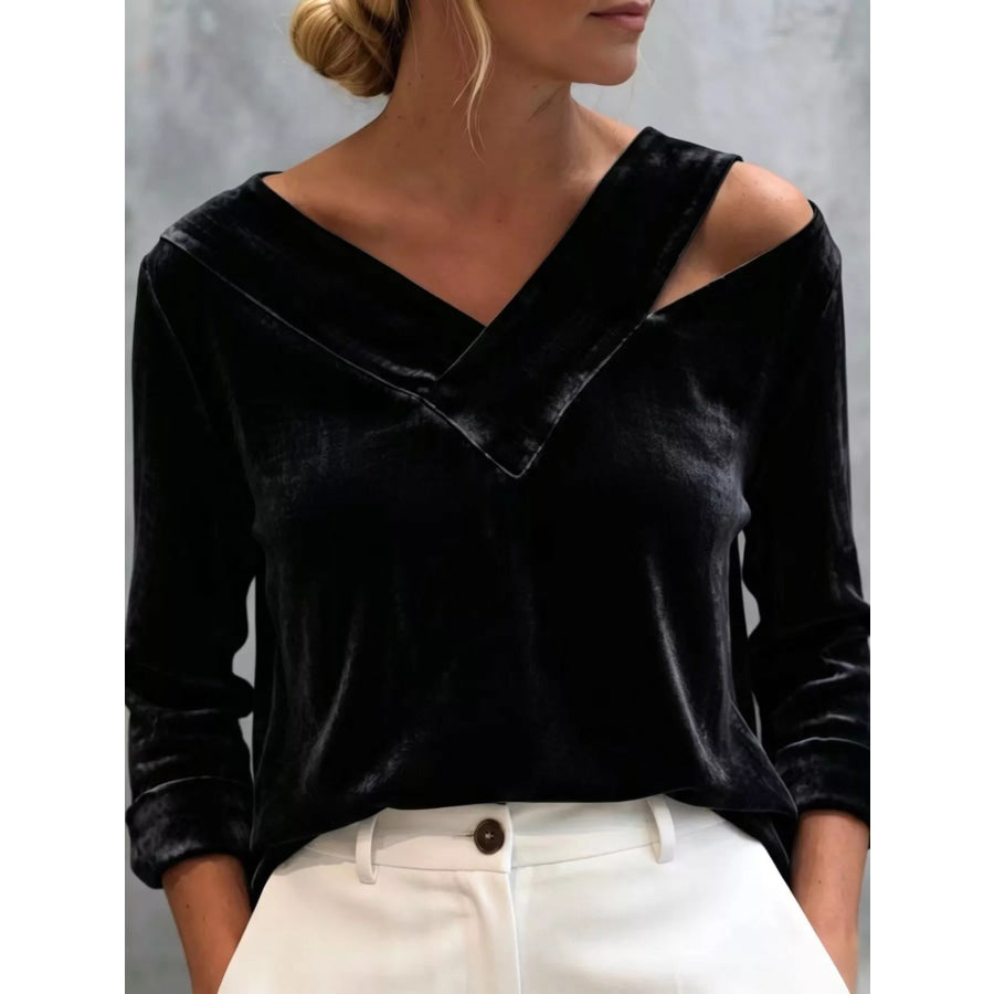 Full Size Velvet Cold-Shoulder V-Neck Blouse Plus Black / S Apparel and Accessories