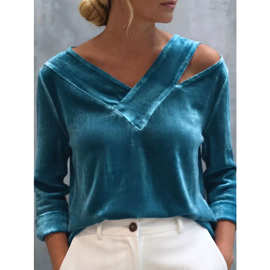 Full Size Velvet Cold-Shoulder V-Neck Blouse Plus Green / S Apparel and Accessories