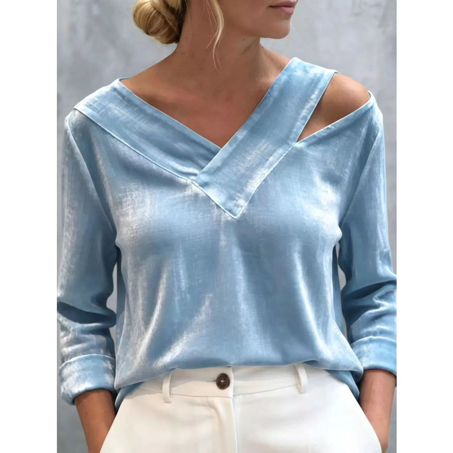 Full Size Velvet Cold-Shoulder V-Neck Blouse Plus Sky Blue / S Apparel and Accessories