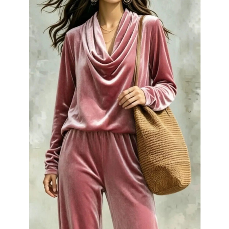Full Size Velvet Cowl Neck Long Sleeve Top and Pants Set Plus Pink / S Apparel Accessories