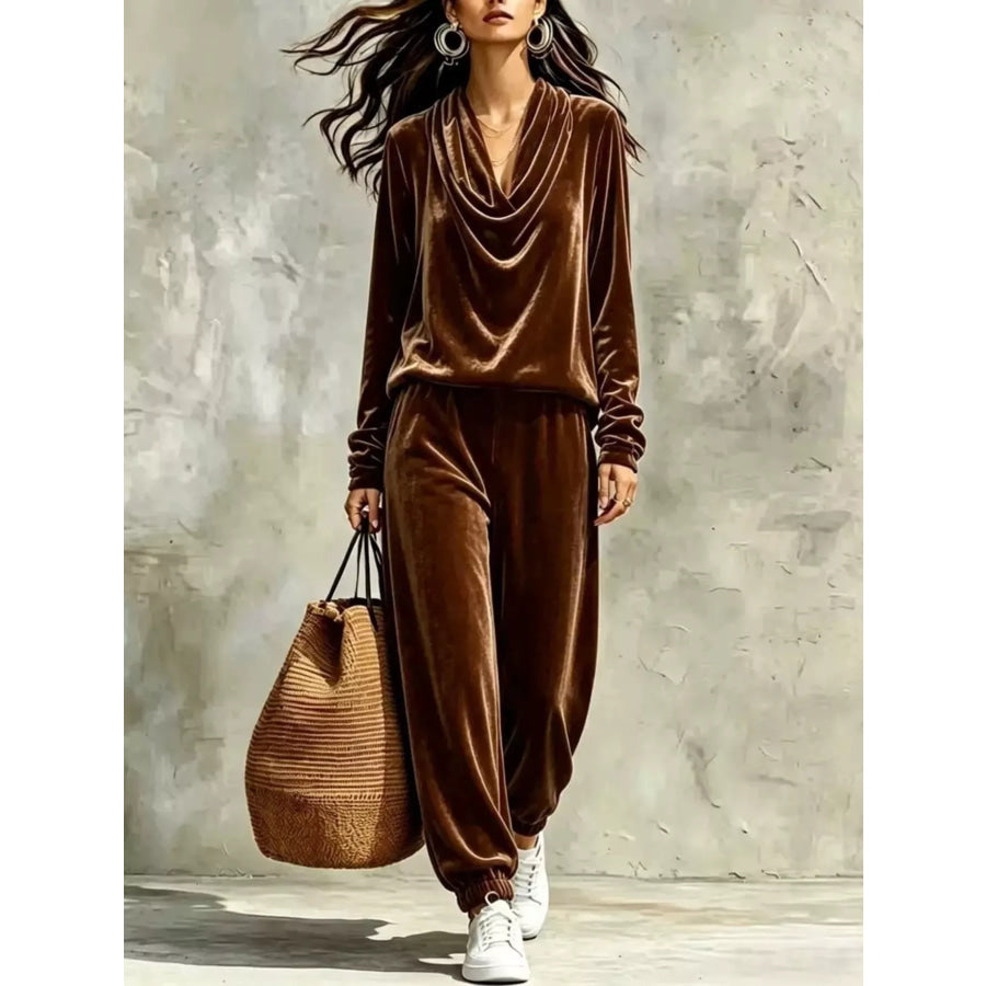 Full Size Velvet Cowl Neck Long Sleeve Top and Pants Set Plus Brown / S Apparel Accessories