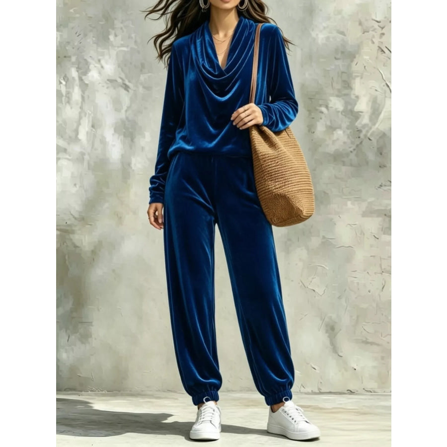 Full Size Velvet Cowl Neck Long Sleeve Top and Pants Set Plus Navy Blue / S Apparel Accessories