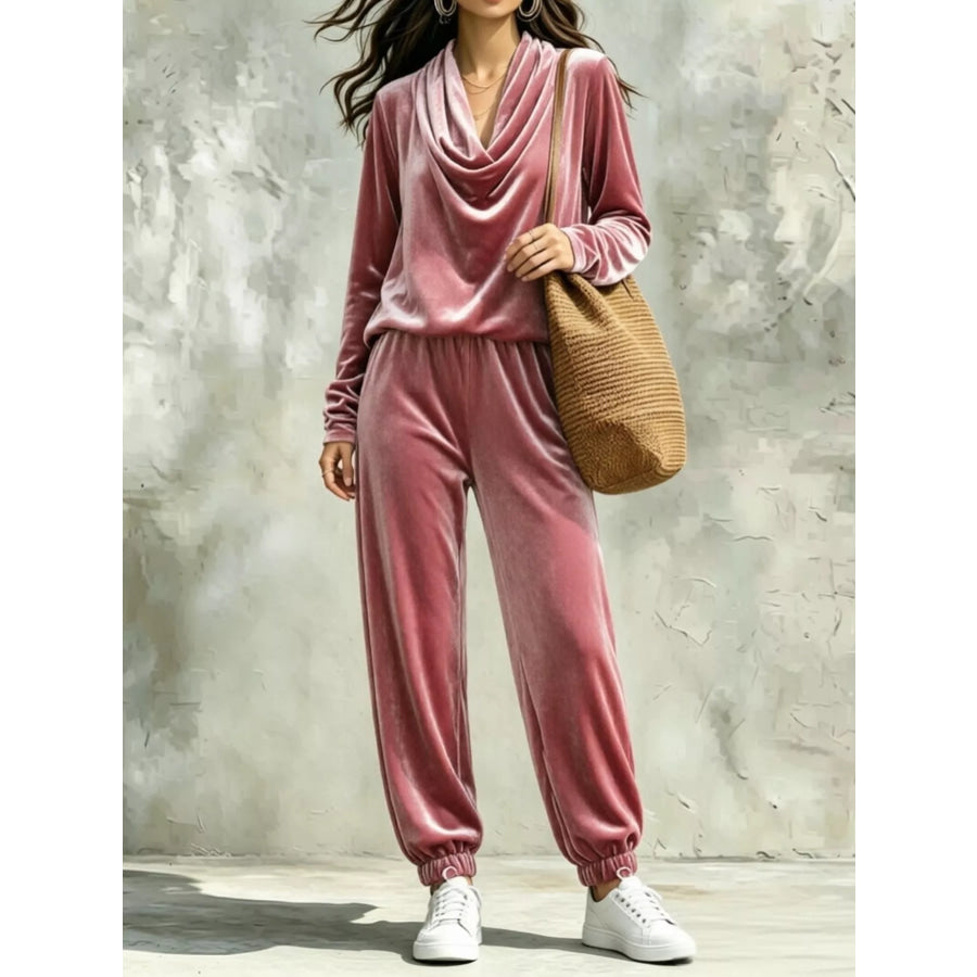 Full Size Velvet Cowl Neck Long Sleeve Top and Pants Set Plus Pink / S Apparel Accessories