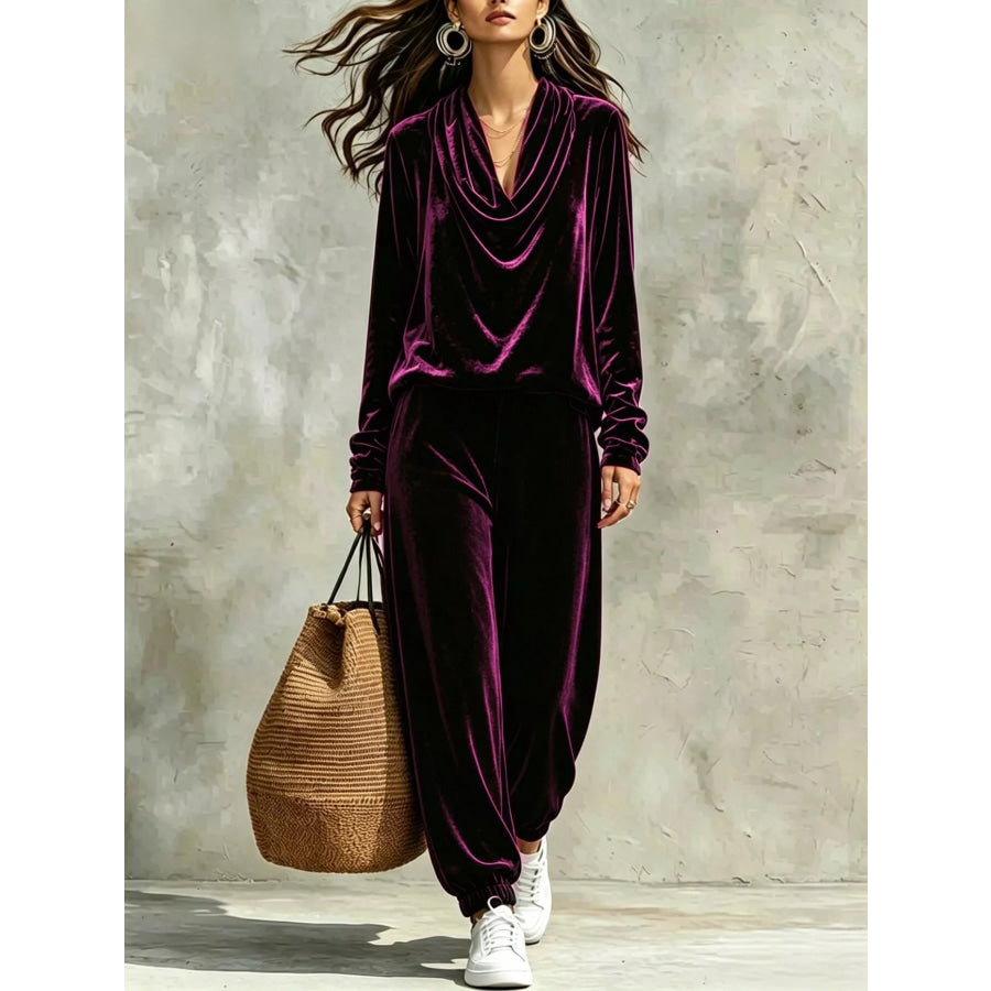 Full Size Velvet Cowl Neck Long Sleeve Top and Pants Set Plus Purple / S Apparel Accessories