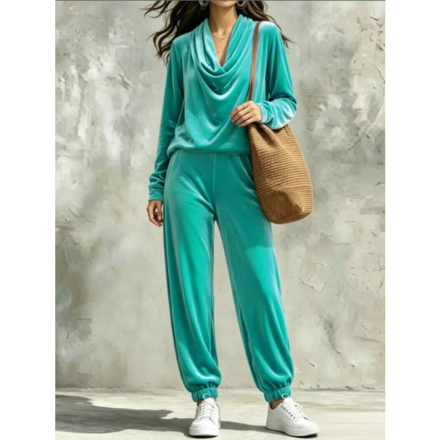 Full Size Velvet Cowl Neck Long Sleeve Top and Pants Set Plus Turquoise / S Apparel Accessories