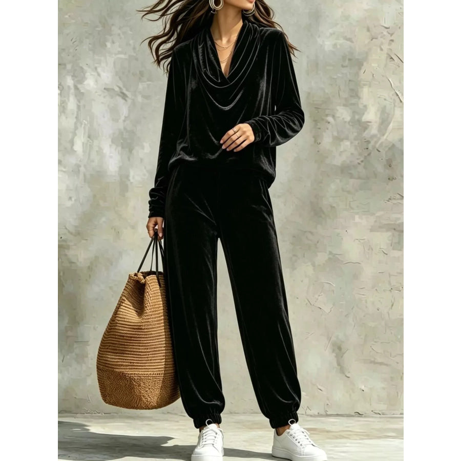 Full Size Velvet Cowl Neck Top and Pants Set Plus Apparel Accessories