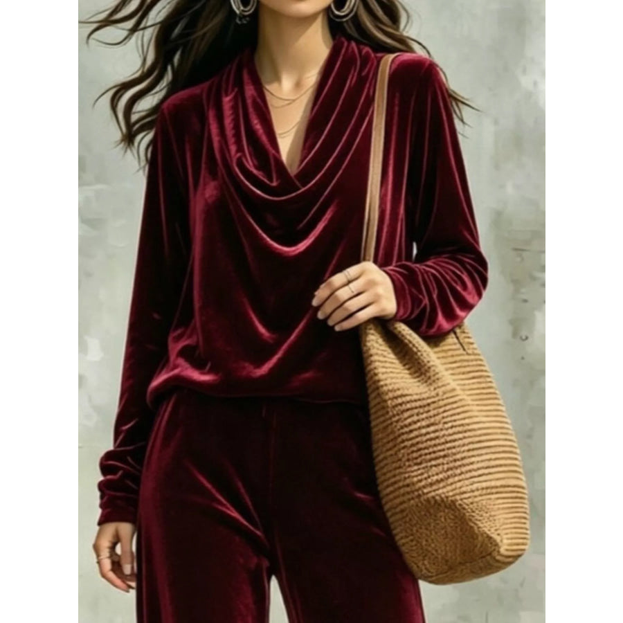 Full Size Velvet Cowl Neck Top and Pants Set Plus Apparel Accessories