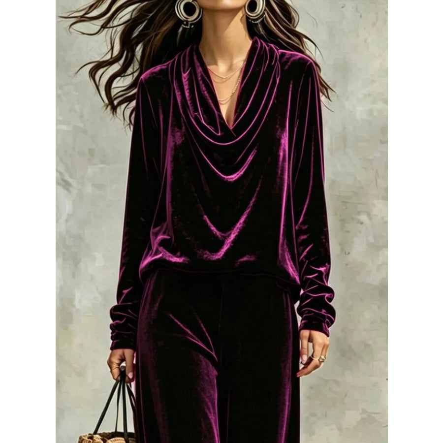 Full Size Velvet Cowl Neck Top and Pants Set Plus Apparel Accessories