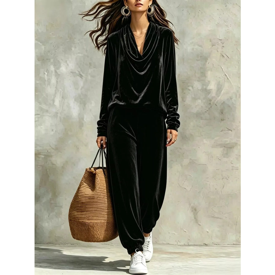 Full Size Velvet Cowl Neck Top and Pants Set Plus Black / S Apparel Accessories