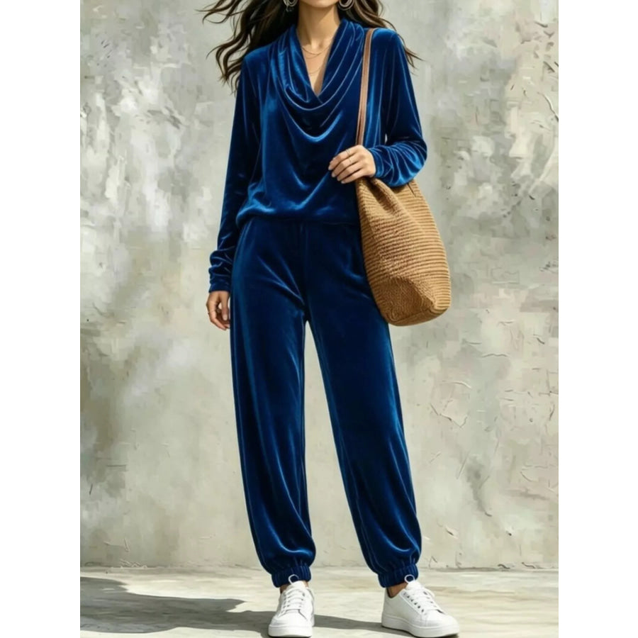 Full Size Velvet Cowl Neck Top and Pants Set Plus Blue / S Apparel Accessories