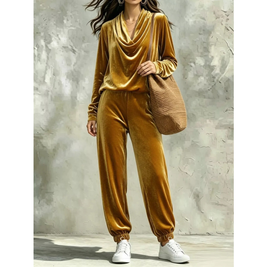 Full Size Velvet Cowl Neck Top and Pants Set Plus Gold / S Apparel Accessories