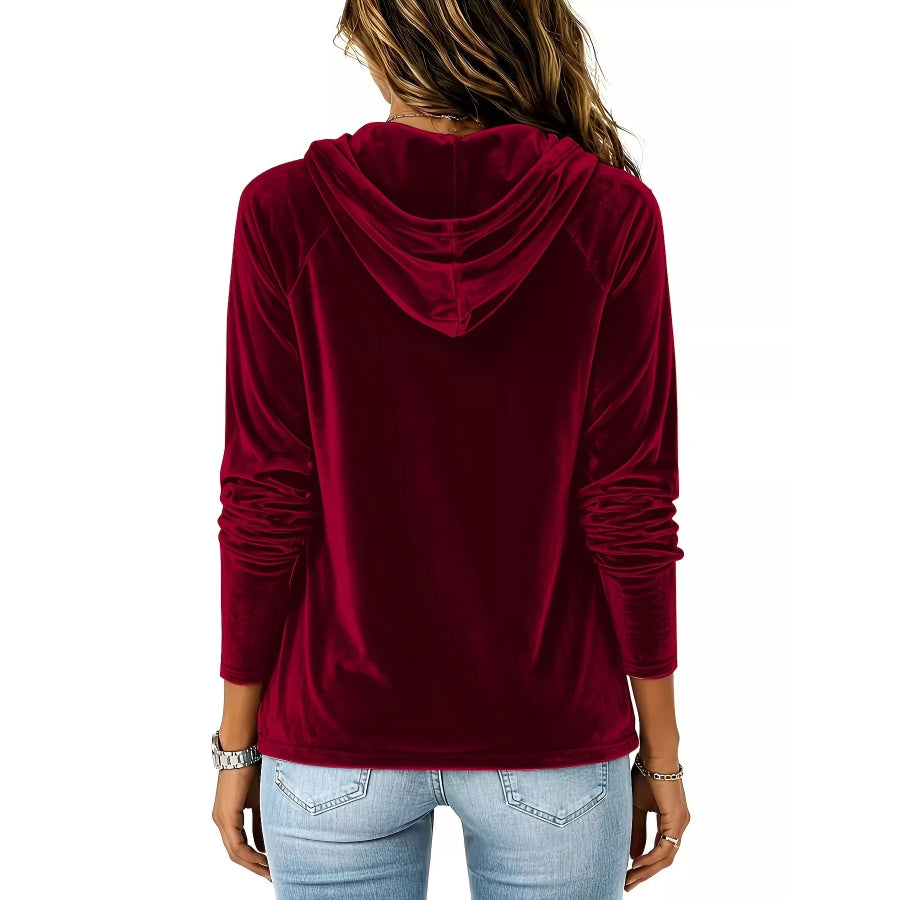 Full Size Velvet Drawstring Long Sleeve Hoodie Plus Size Apparel and Accessories