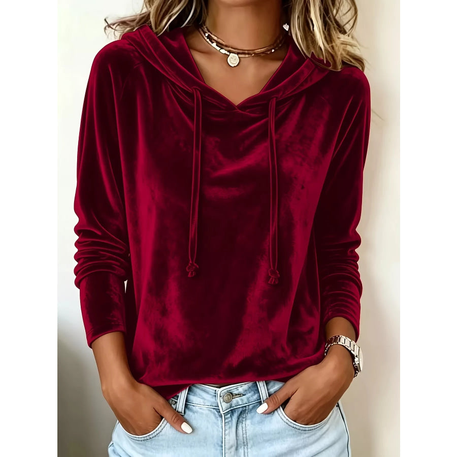 Full Size Velvet Drawstring Long Sleeve Hoodie Plus Size Burgundy / S Apparel and Accessories