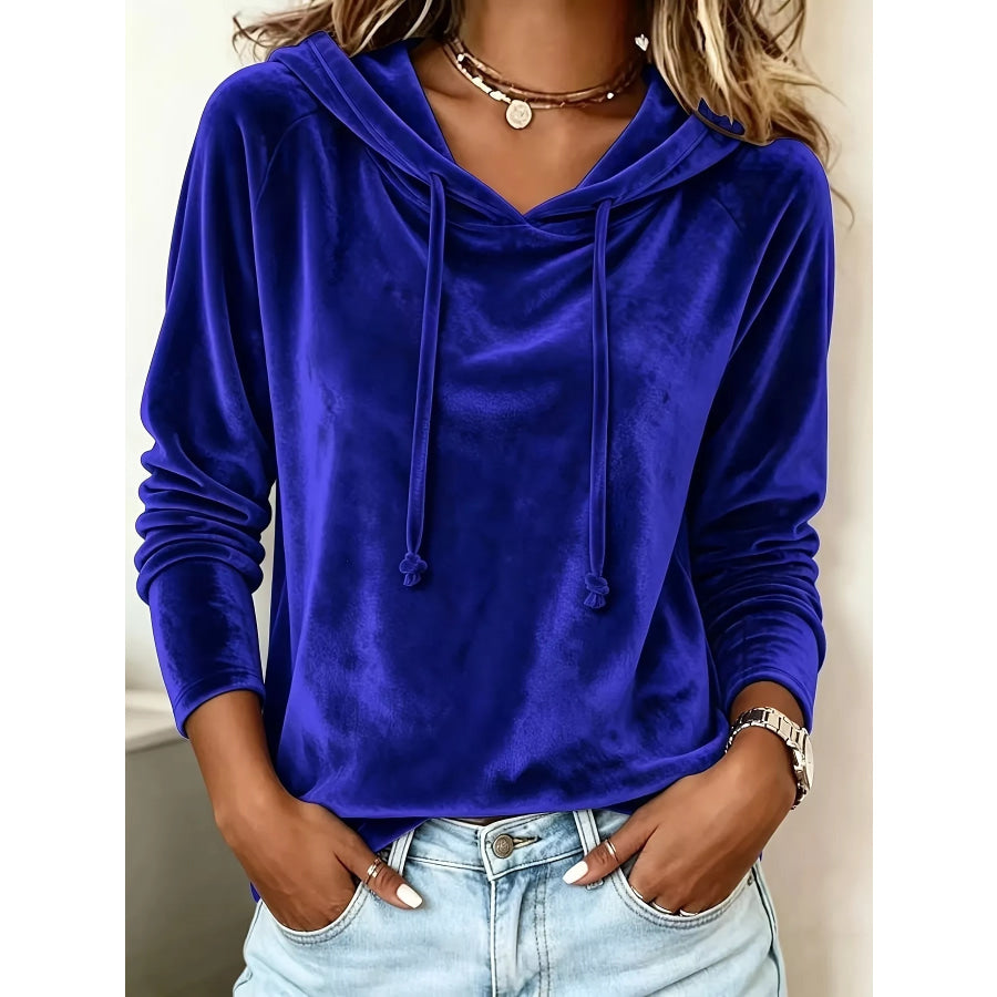 Full Size Velvet Drawstring Long Sleeve Hoodie Plus Size Dark Blue / S Apparel and Accessories