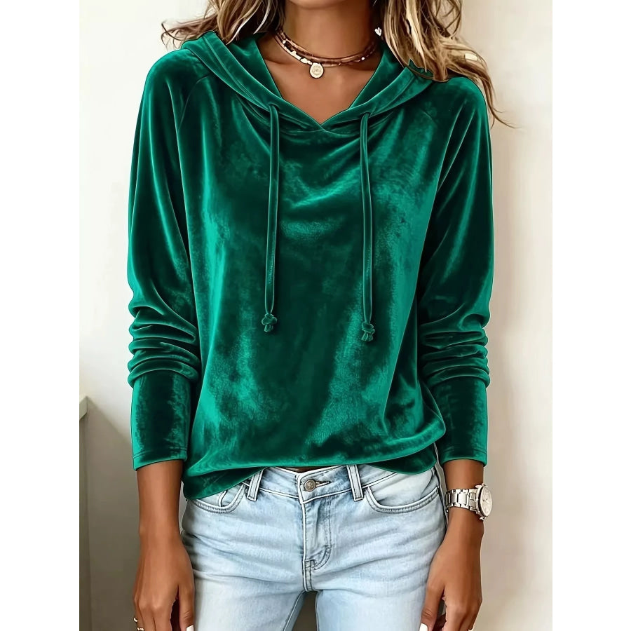 Full Size Velvet Drawstring Long Sleeve Hoodie Plus Size Green / S Apparel and Accessories