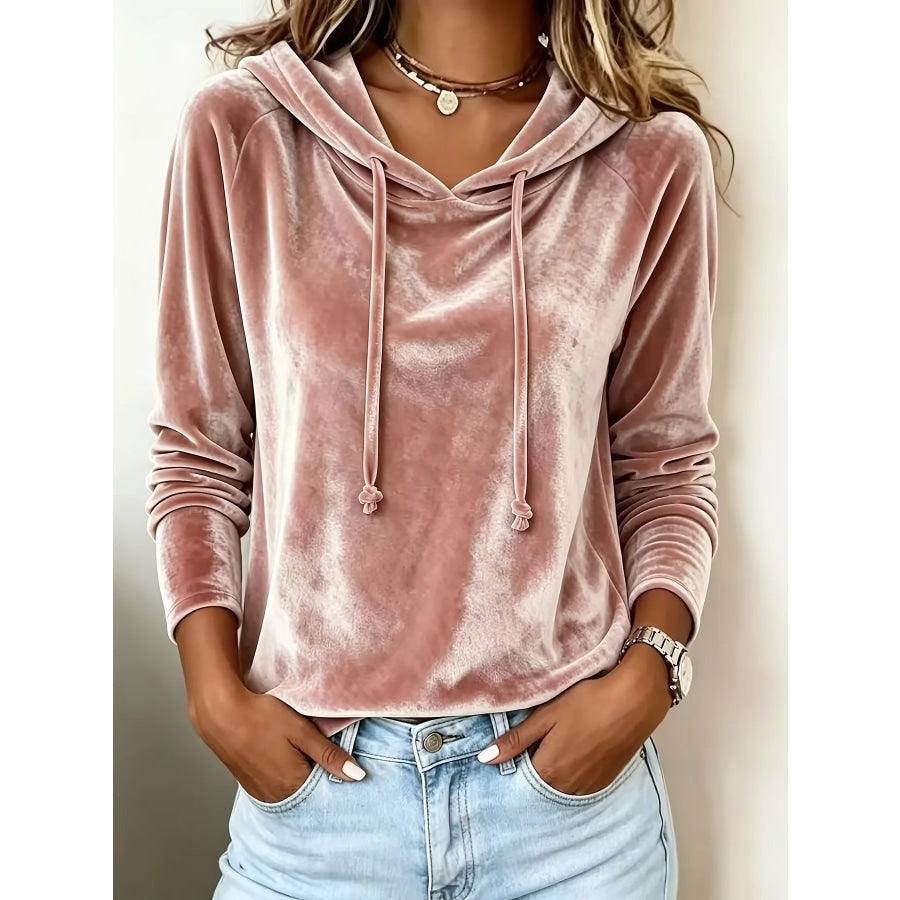 Full Size Velvet Drawstring Long Sleeve Hoodie Plus Size Pink / S Apparel and Accessories