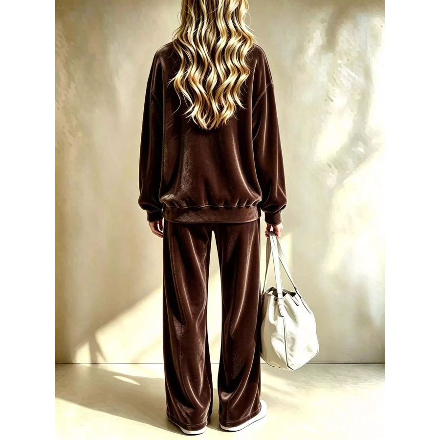 Full Size Velvet Dropped Shoulder Top and Wide-Leg Pants Set Plus Apparel Accessories