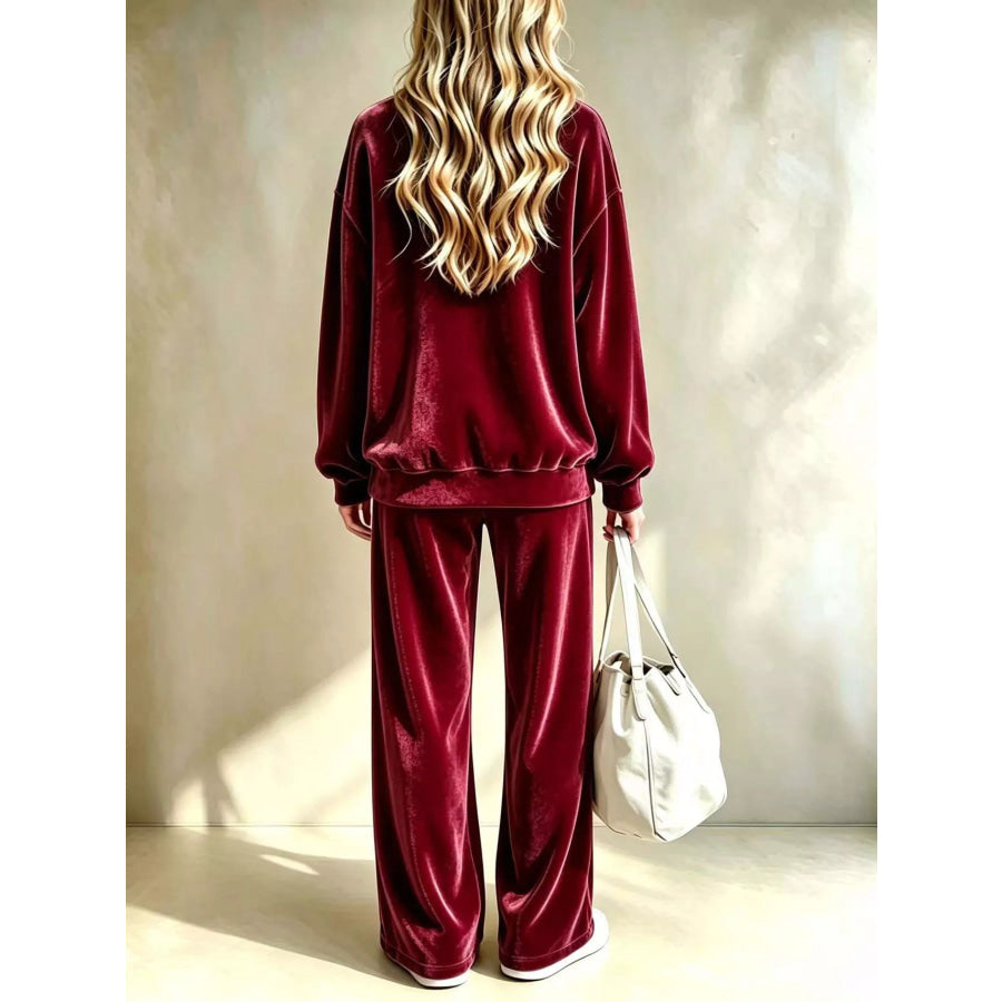 Full Size Velvet Dropped Shoulder Top and Wide-Leg Pants Set Plus Apparel Accessories