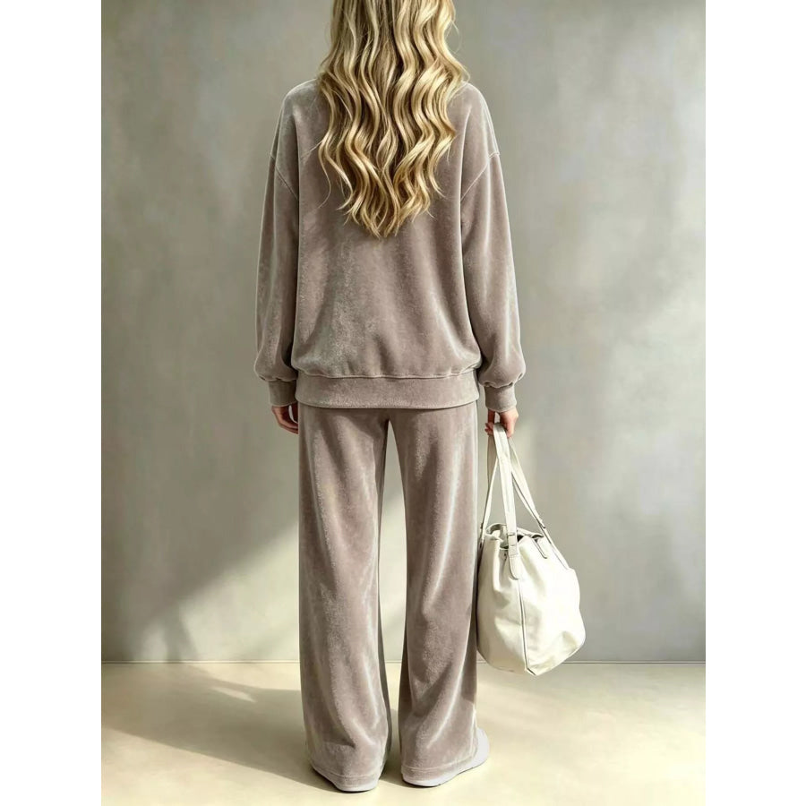 Full Size Velvet Dropped Shoulder Top and Wide-Leg Pants Set Plus Khaki / S Apparel Accessories