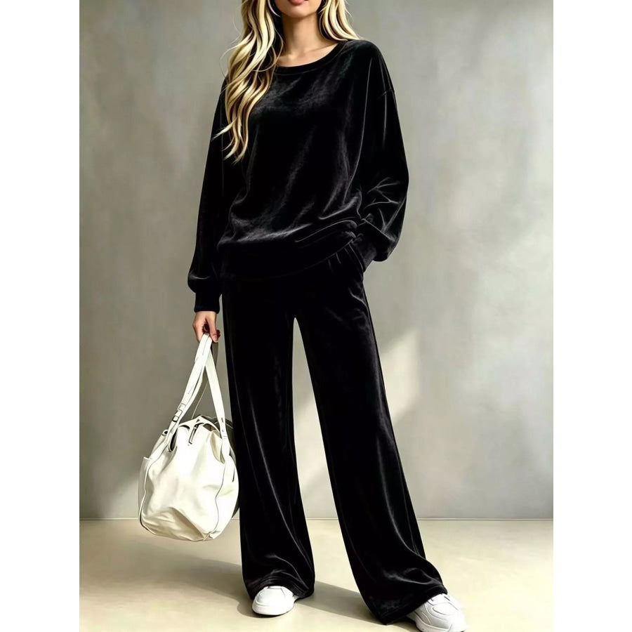 Full Size Velvet Dropped Shoulder Top and Wide-Leg Pants Set Plus Black / S Apparel Accessories