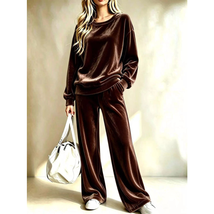 Full Size Velvet Dropped Shoulder Top and Wide-Leg Pants Set Plus Brown / S Apparel Accessories