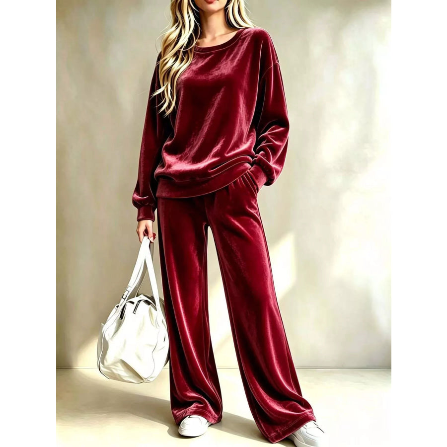 Full Size Velvet Dropped Shoulder Top and Wide-Leg Pants Set Plus Burgundy / S Apparel Accessories