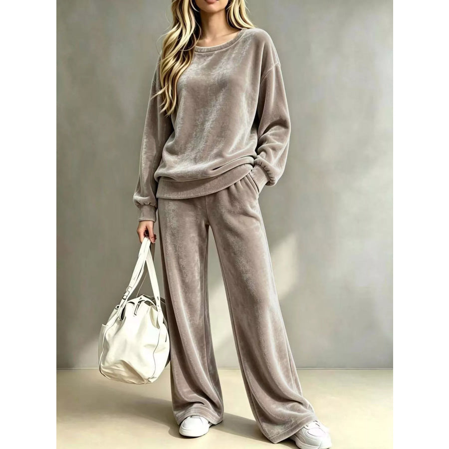 Full Size Velvet Dropped Shoulder Top and Wide-Leg Pants Set Plus Khaki / S Apparel Accessories