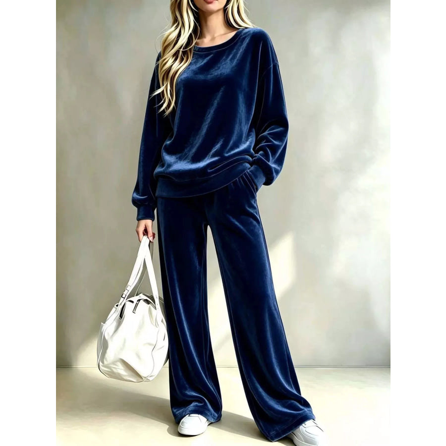 Full Size Velvet Dropped Shoulder Top and Wide-Leg Pants Set Plus Navy / S Apparel Accessories