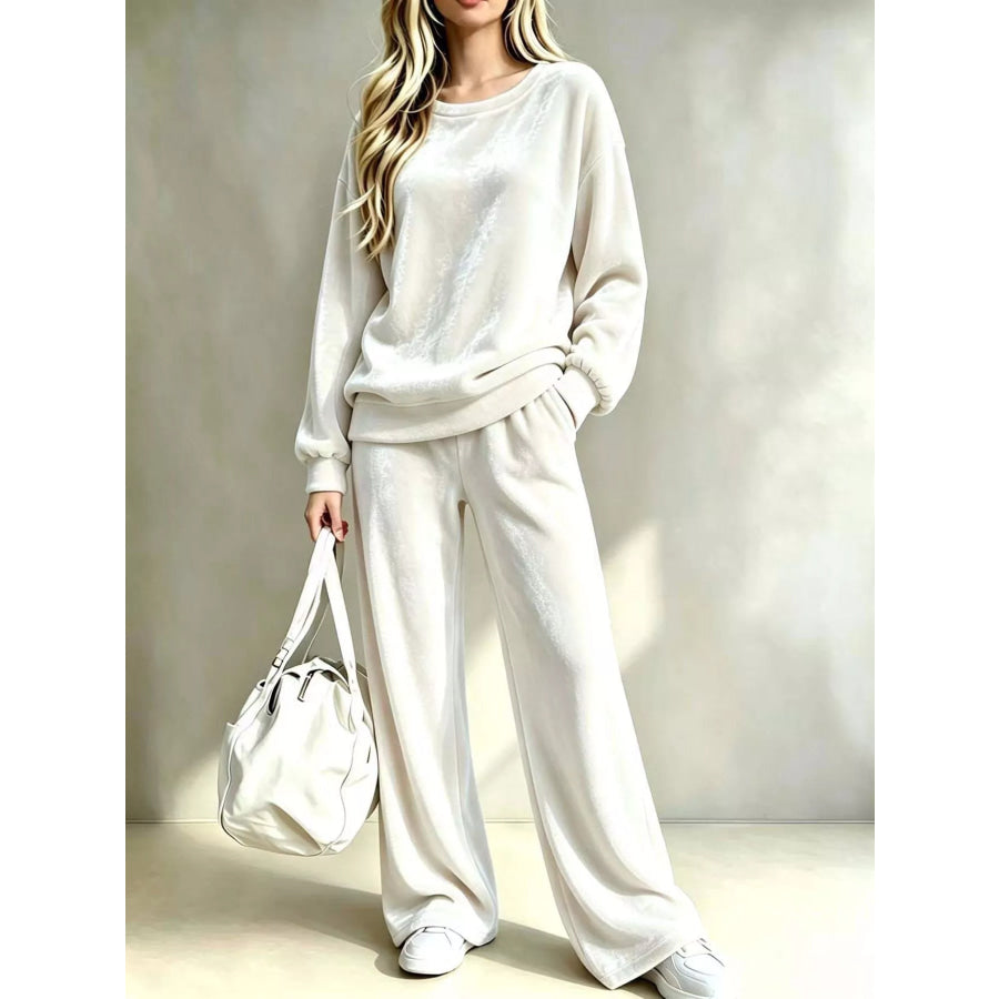 Full Size Velvet Dropped Shoulder Top and Wide-Leg Pants Set Plus White / S Apparel Accessories