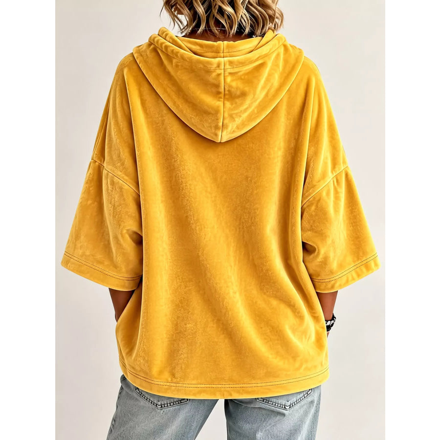 Full Size Velvet Half Sleeve Hoodie with Drawstring Plus Apparel and Accessories