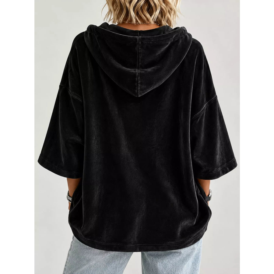 Full Size Velvet Half Sleeve Hoodie with Drawstring Plus Apparel and Accessories