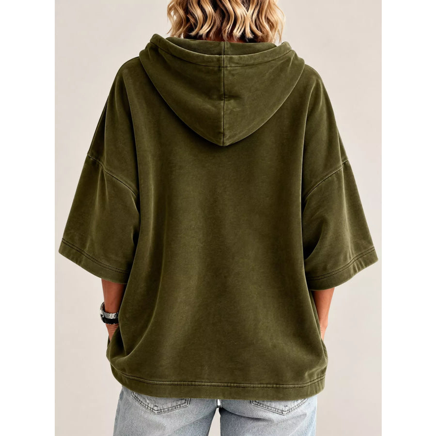 Full Size Velvet Half Sleeve Hoodie with Drawstring Plus Apparel and Accessories