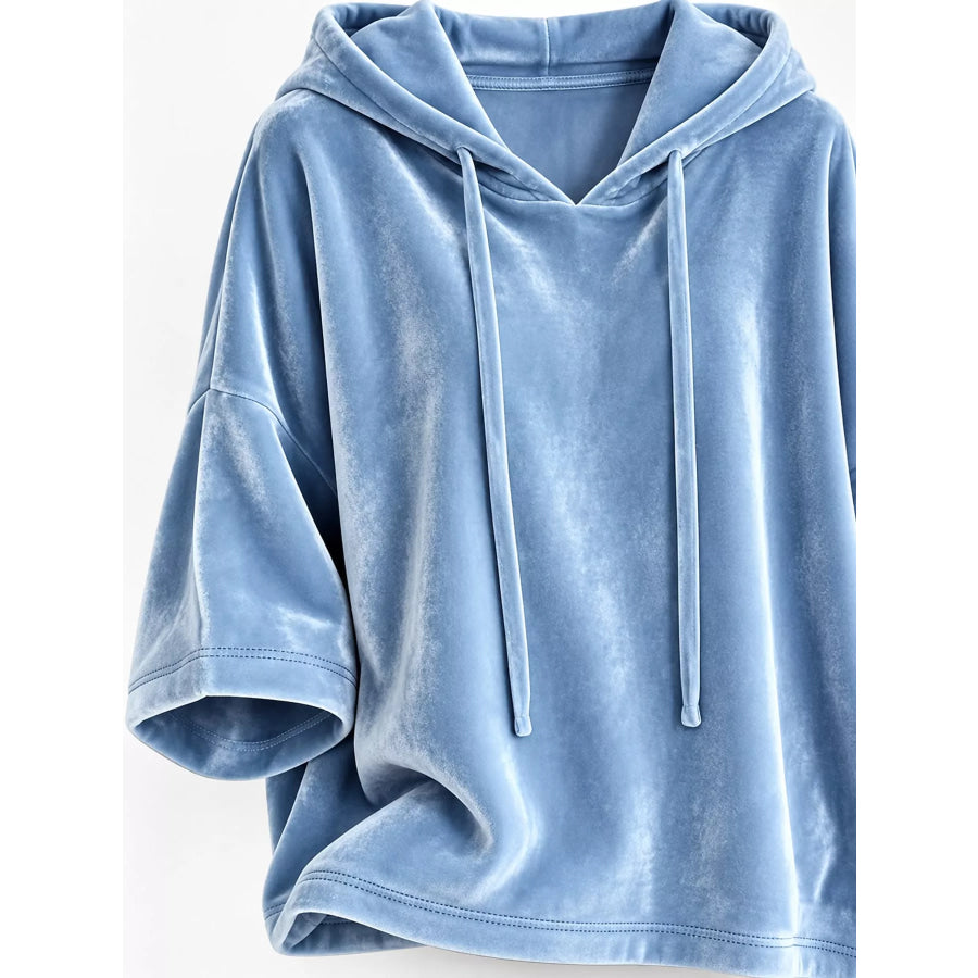Full Size Velvet Half Sleeve Hoodie with Drawstring Plus Apparel and Accessories
