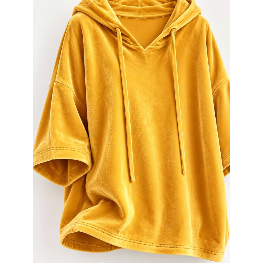 Full Size Velvet Half Sleeve Hoodie with Drawstring Plus Apparel and Accessories