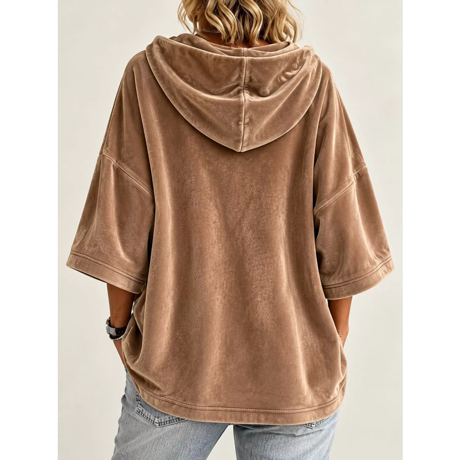 Full Size Velvet Half Sleeve Hoodie with Drawstring Plus Apparel and Accessories