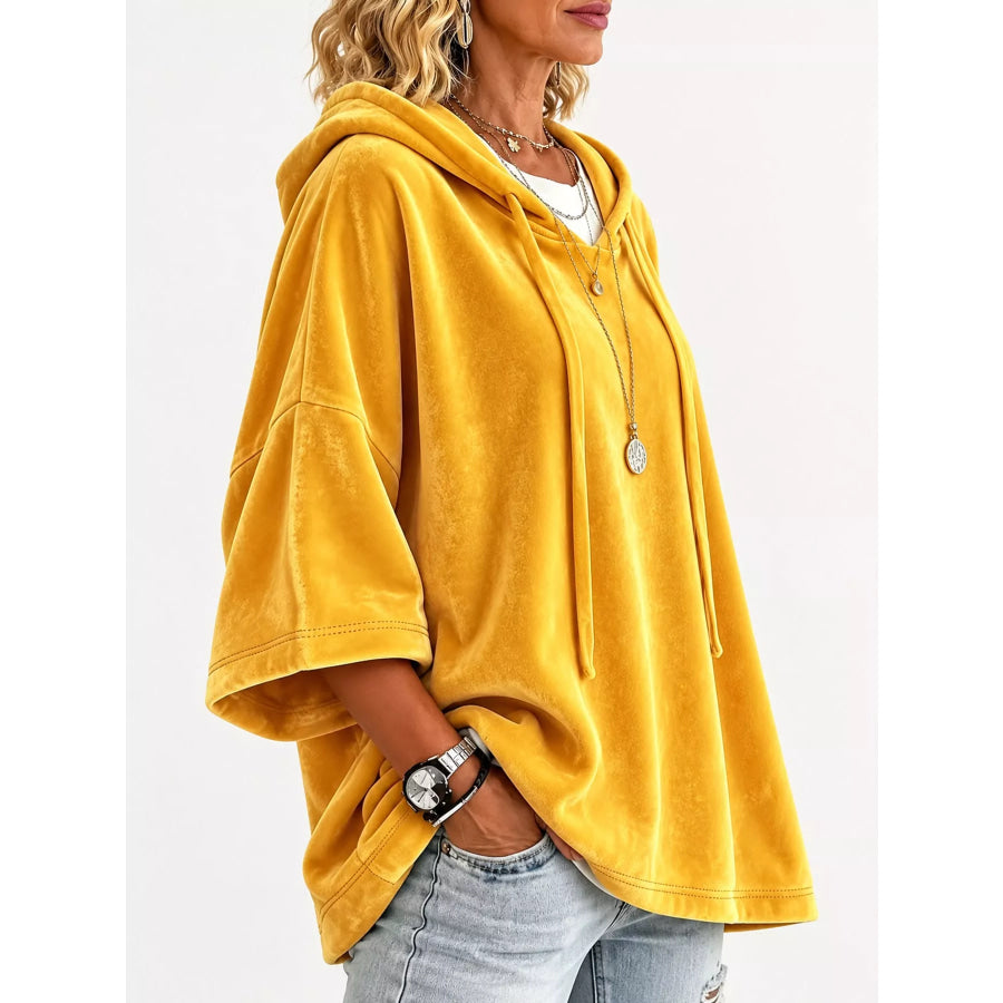 Full Size Velvet Half Sleeve Hoodie with Drawstring Plus Apparel and Accessories