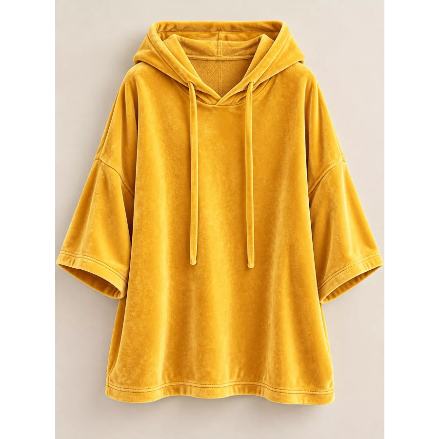 Full Size Velvet Half Sleeve Hoodie with Drawstring Plus Apparel and Accessories