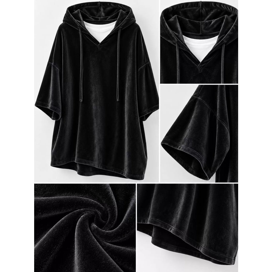 Full Size Velvet Half Sleeve Hoodie with Drawstring Plus Apparel and Accessories