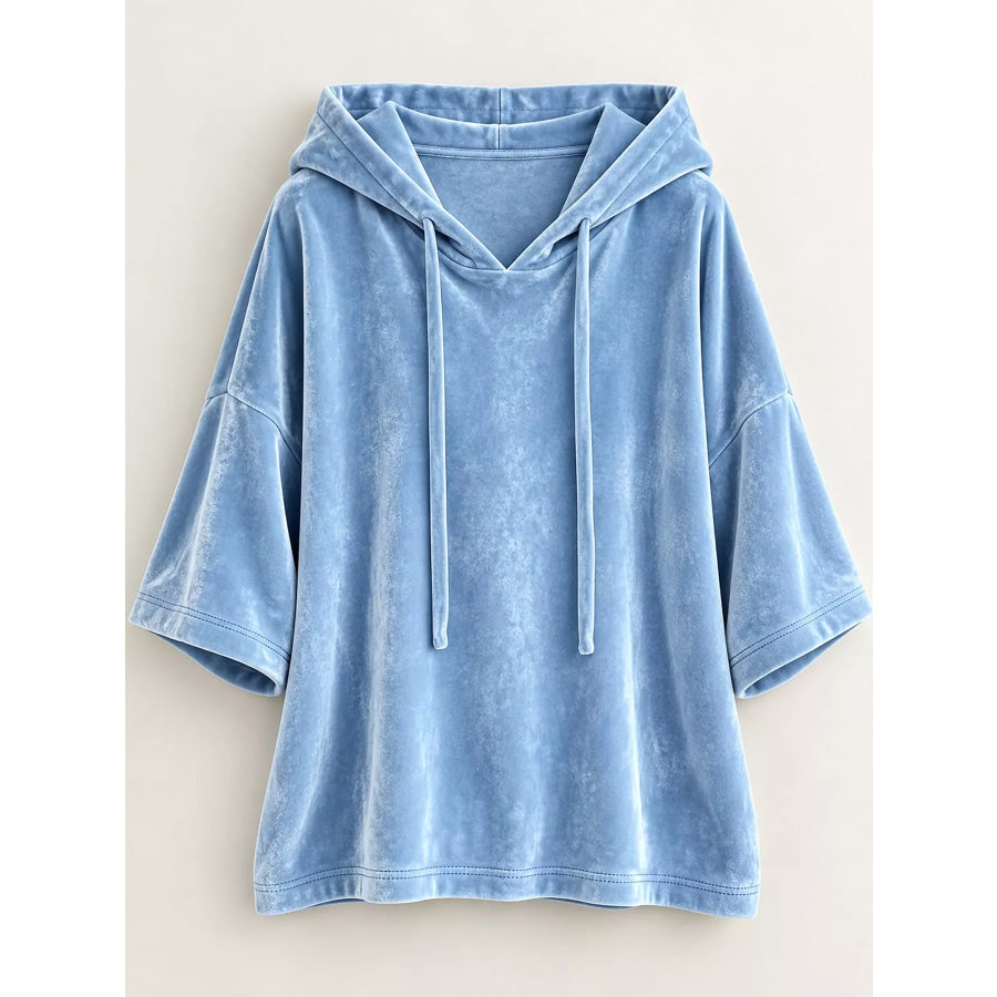 Full Size Velvet Half Sleeve Hoodie with Drawstring Plus Apparel and Accessories