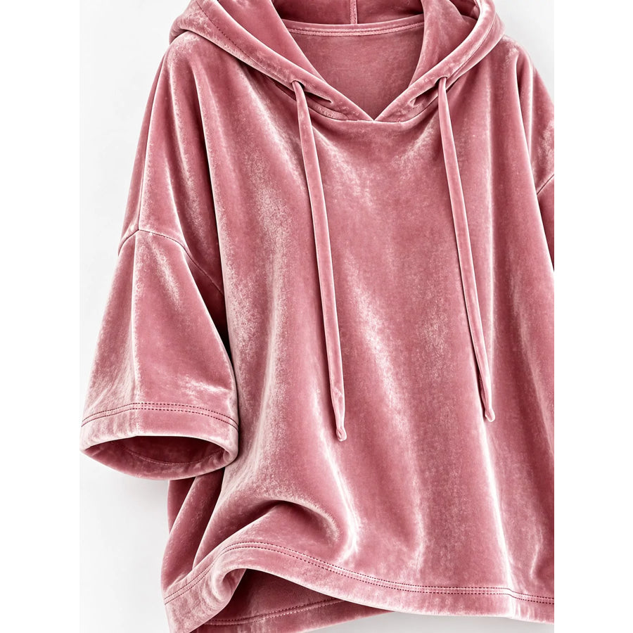 Full Size Velvet Half Sleeve Hoodie with Drawstring Plus Apparel and Accessories