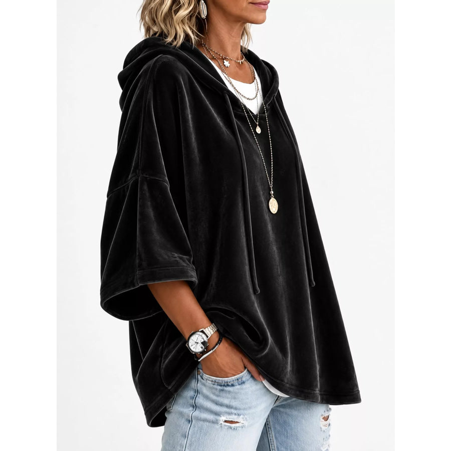 Full Size Velvet Half Sleeve Hoodie with Drawstring Plus Apparel and Accessories