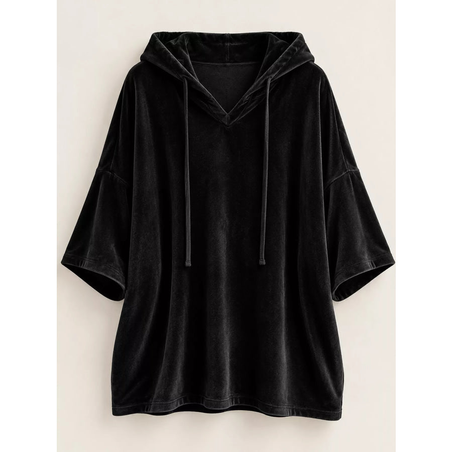 Full Size Velvet Half Sleeve Hoodie with Drawstring Plus Apparel and Accessories