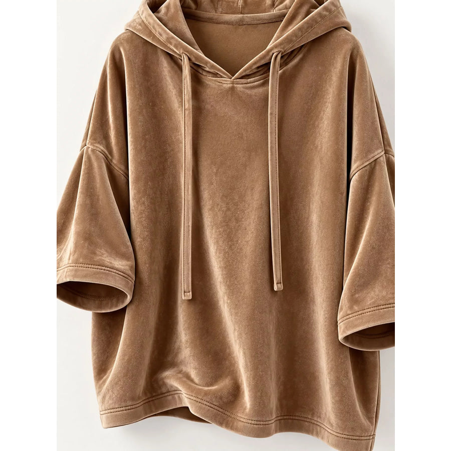 Full Size Velvet Half Sleeve Hoodie with Drawstring Plus Apparel and Accessories