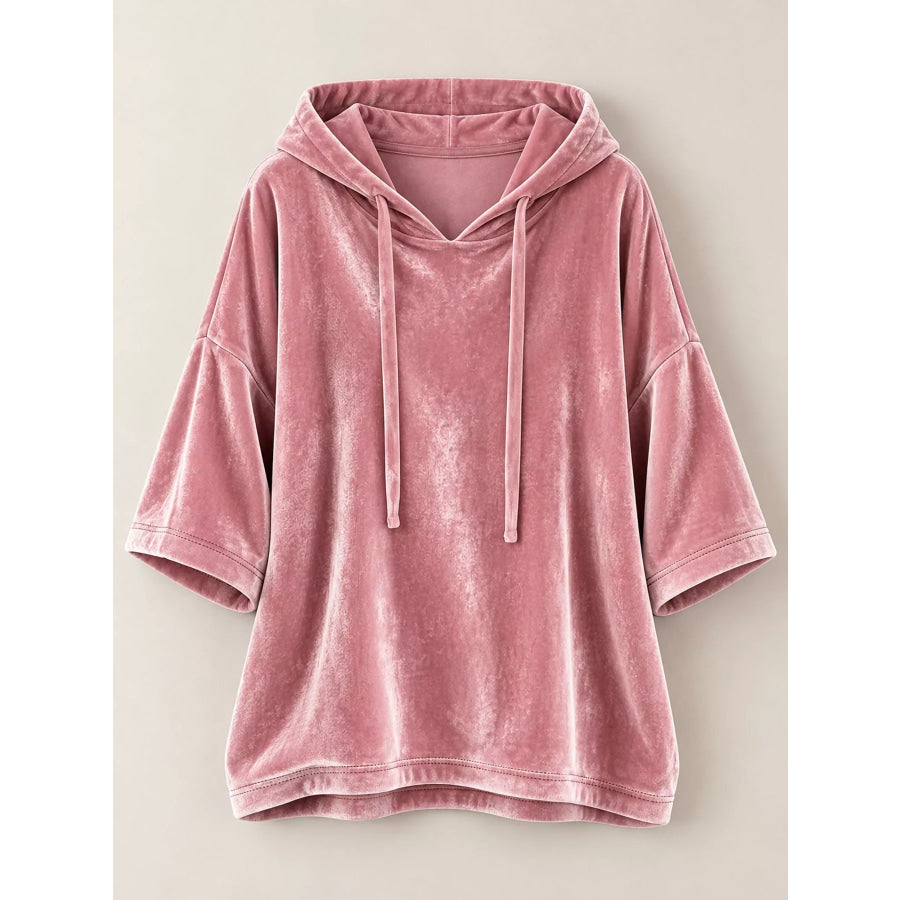 Full Size Velvet Half Sleeve Hoodie with Drawstring Plus Apparel and Accessories