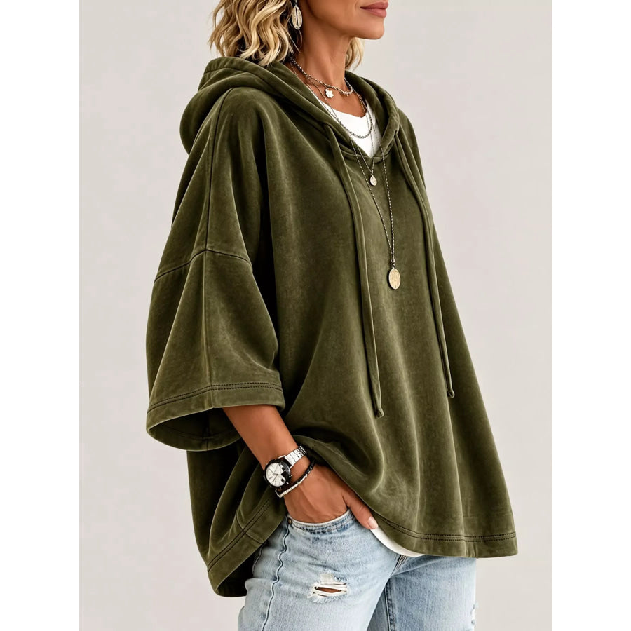 Full Size Velvet Half Sleeve Hoodie with Drawstring Plus Apparel and Accessories