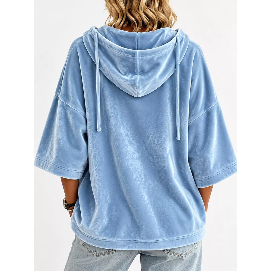 Full Size Velvet Half Sleeve Hoodie with Drawstring Plus Apparel and Accessories