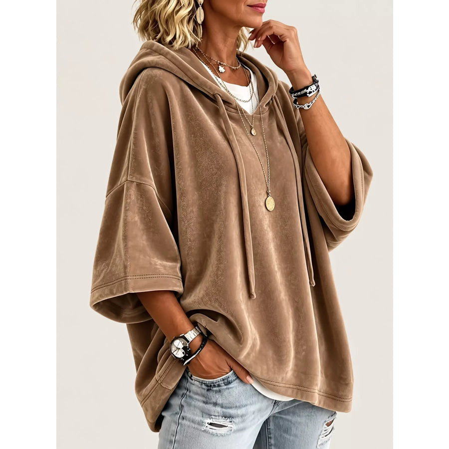 Full Size Velvet Half Sleeve Hoodie with Drawstring Plus Apparel and Accessories